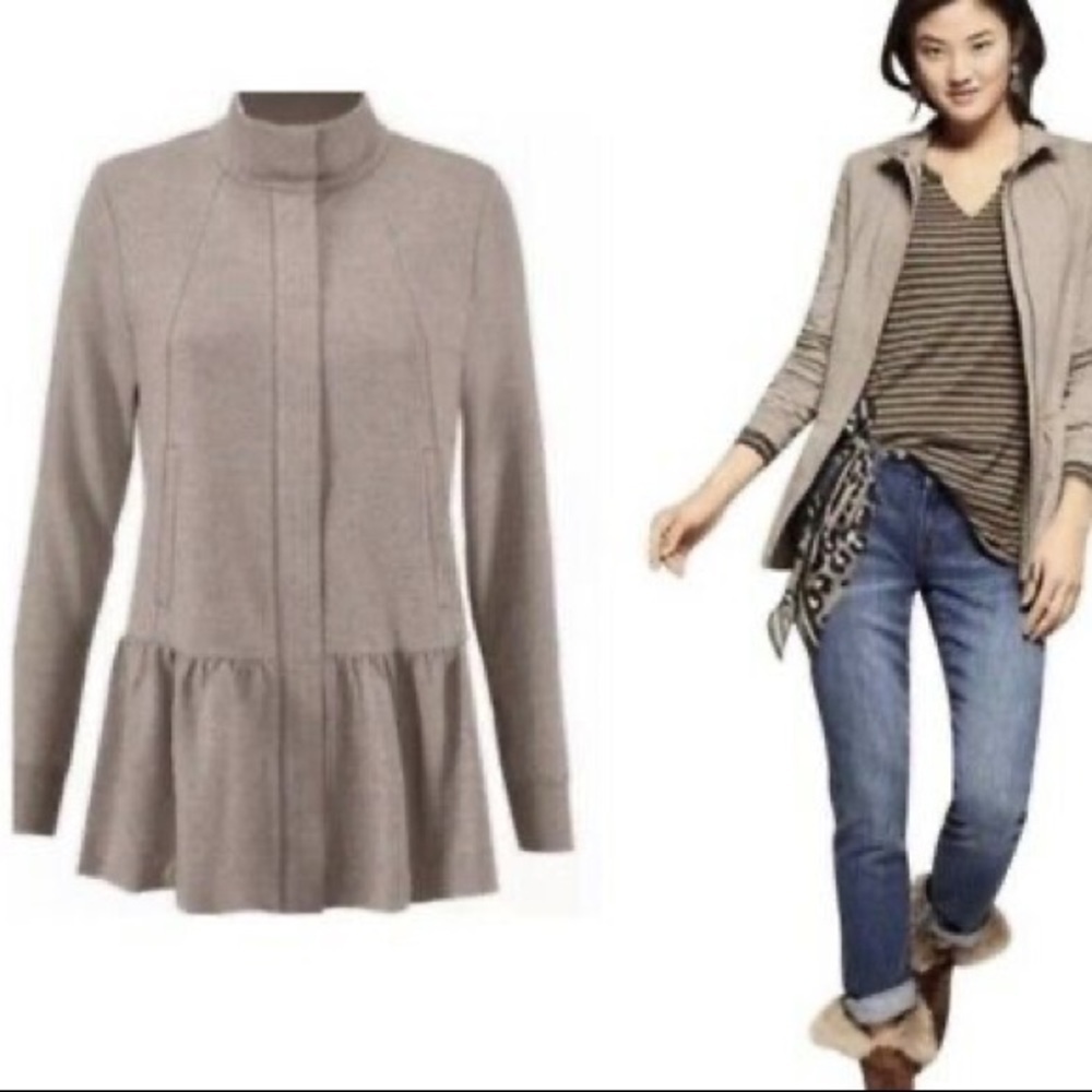 CAbi Zip Front Peplum Beige Weekend Topper Cardigan Jacket
